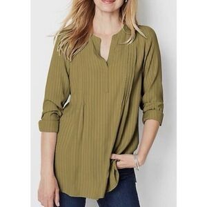 NWT J Jill Pintucked pleated olive green split neck Blouse medium petite